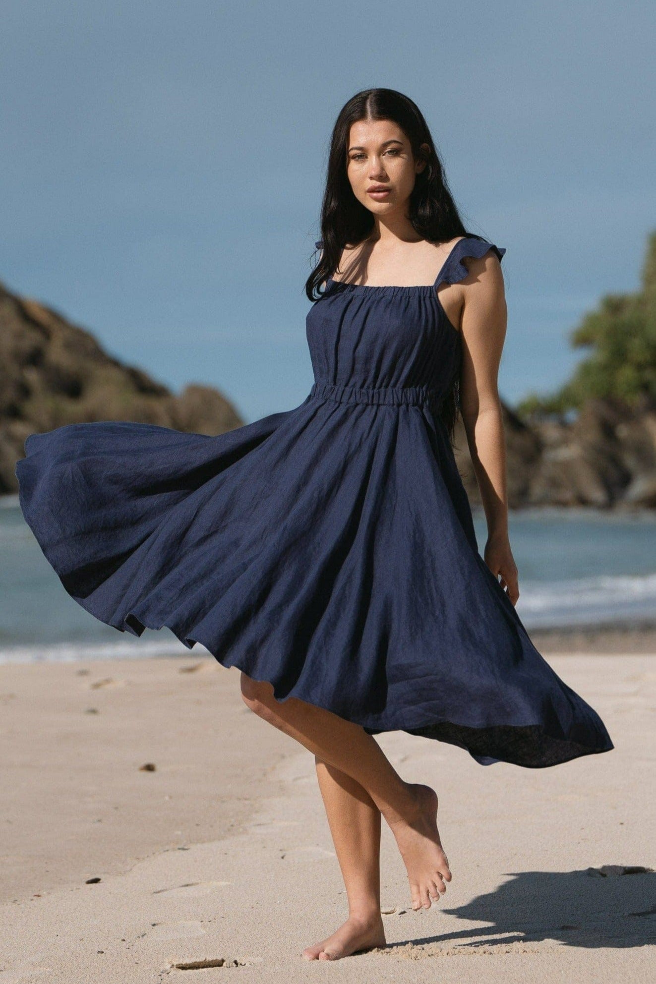 Lilly Pilly Collection 100% organic linen Mia Dress in  Denim Blue