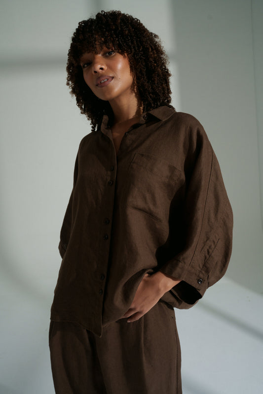 PIXIE CHOCOLATE LINEN SHIRT
