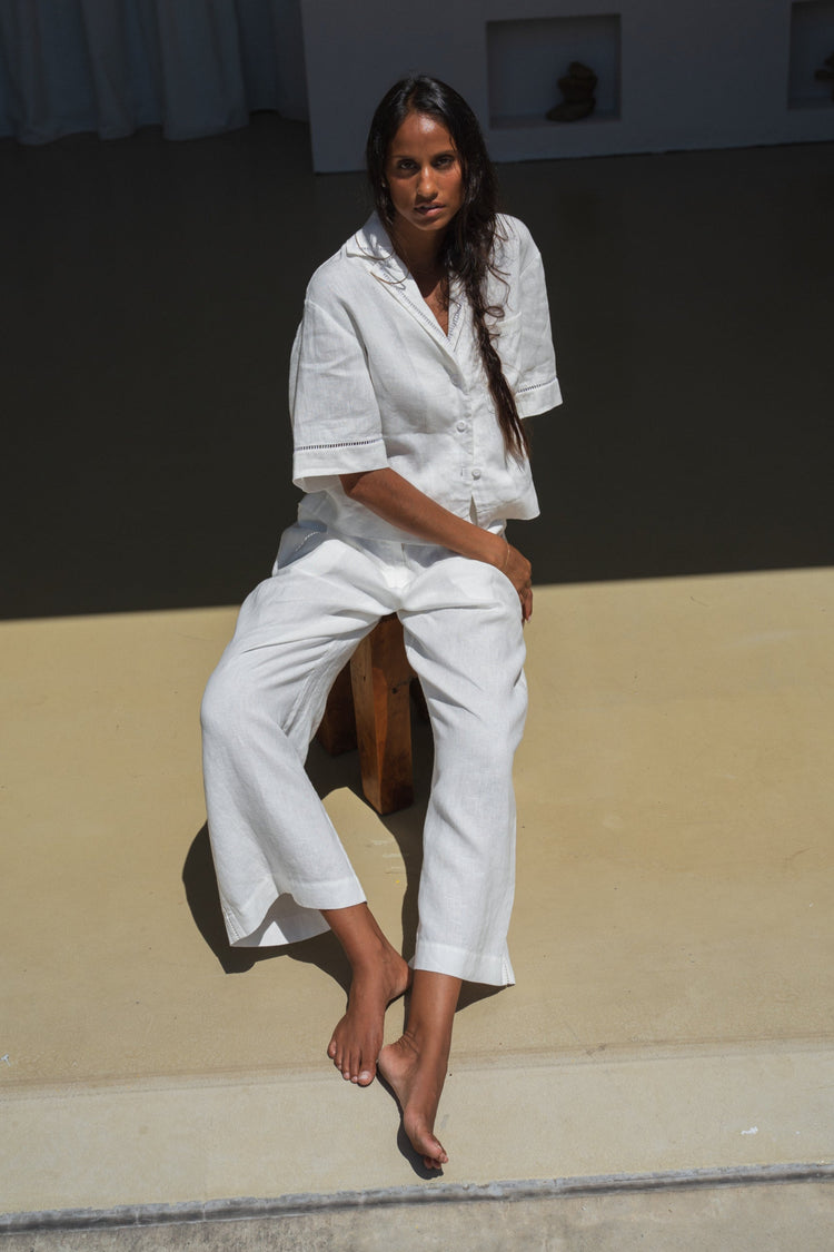 Quinn Linen Shirt in Ivory - front view paired with matching Rika ivory pants in a studio setting - Lilly Pilly Collection
