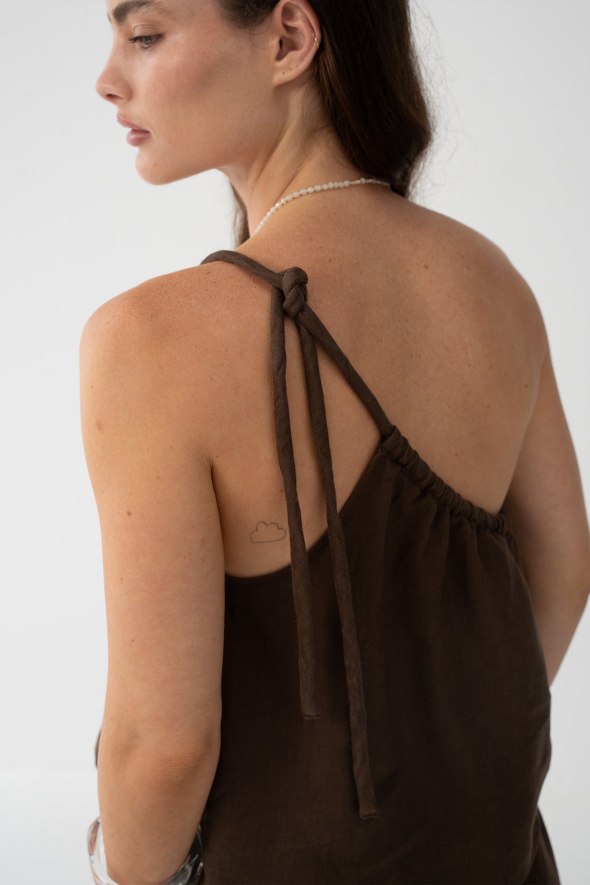 Romy Linen Top in Chocolate - back view, open tie-back detail - Lilly Pilly Collection