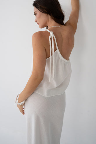 Romy Linen Top in Ivory - back view, open tie-back detail, styled with ivory Riley Linen Maxi Skirt - Lilly Pilly Collection