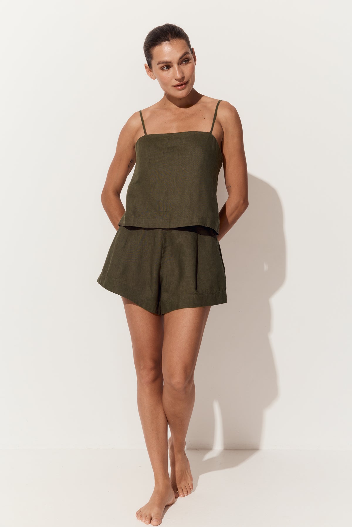 Rosa Linen Cami in Khaki - full front view with matching khaki linen shorts - Lilly Pilly Collection