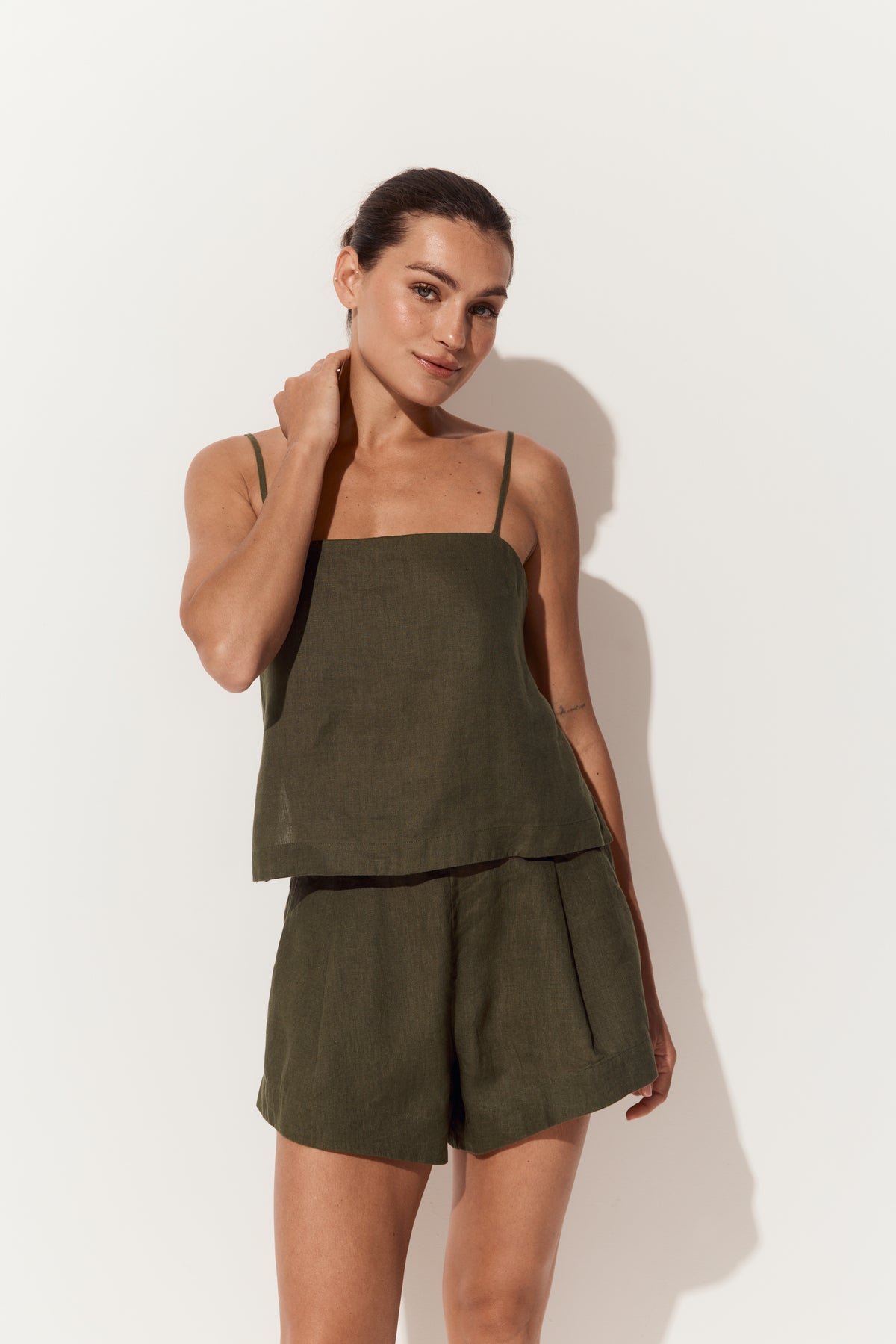 Rosa Linen Cami in Khaki - front view with matching khaki linen shorts - Lilly Pilly Collection