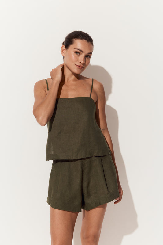 Rosa Linen Cami in Khaki - front view with matching khaki linen shorts - Lilly Pilly Collection