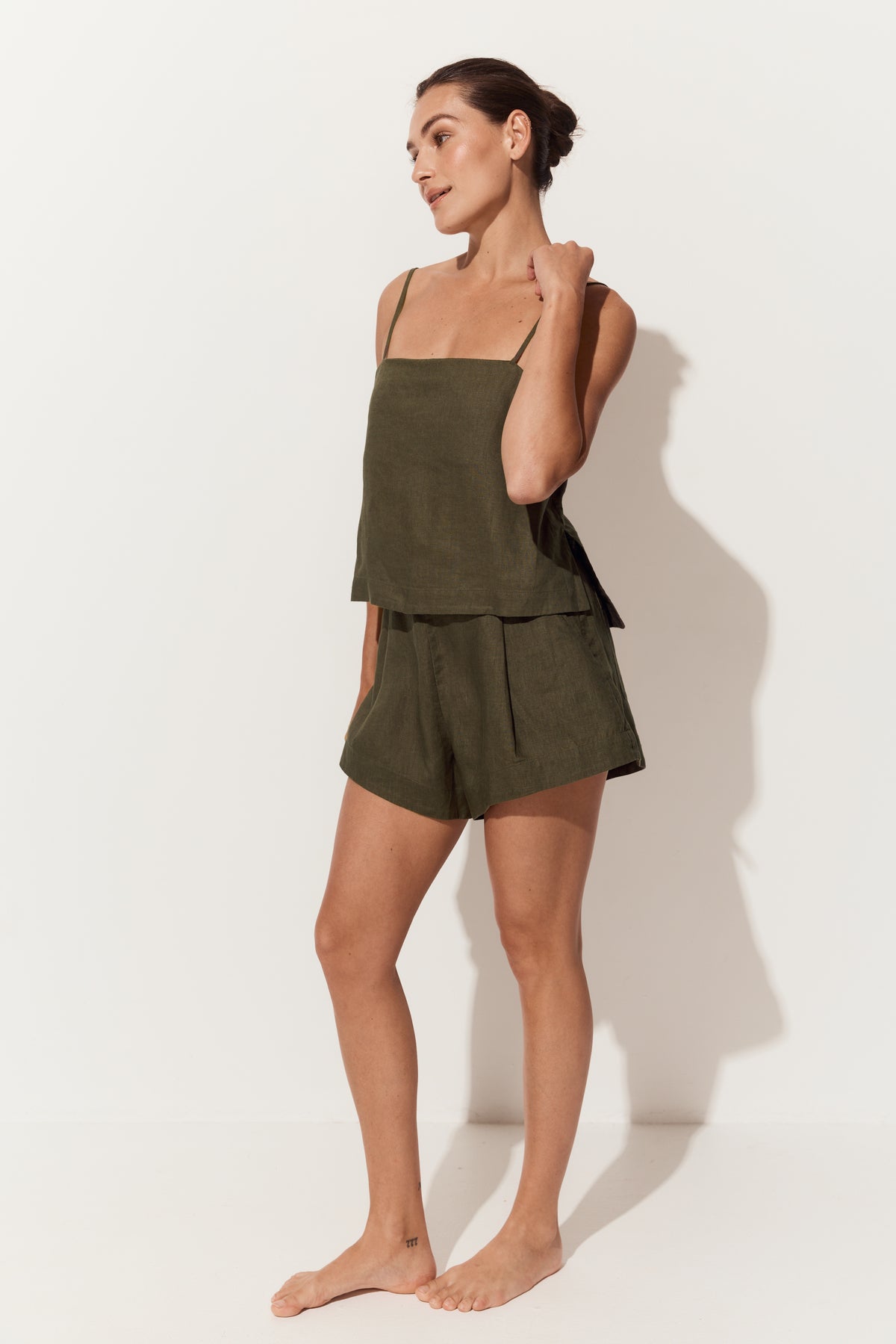 Rosa Linen Cami in Khaki - three quarter view with matching khaki linen shorts - Lilly Pilly Collection