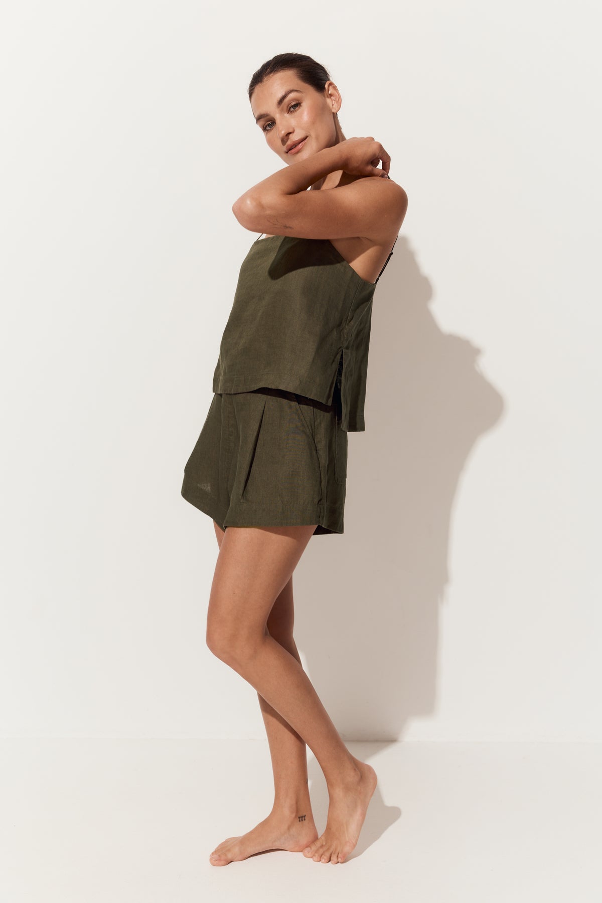 Rosa Linen Cami in Khaki - side view with matching khaki linen shorts - Lilly Pilly Collection