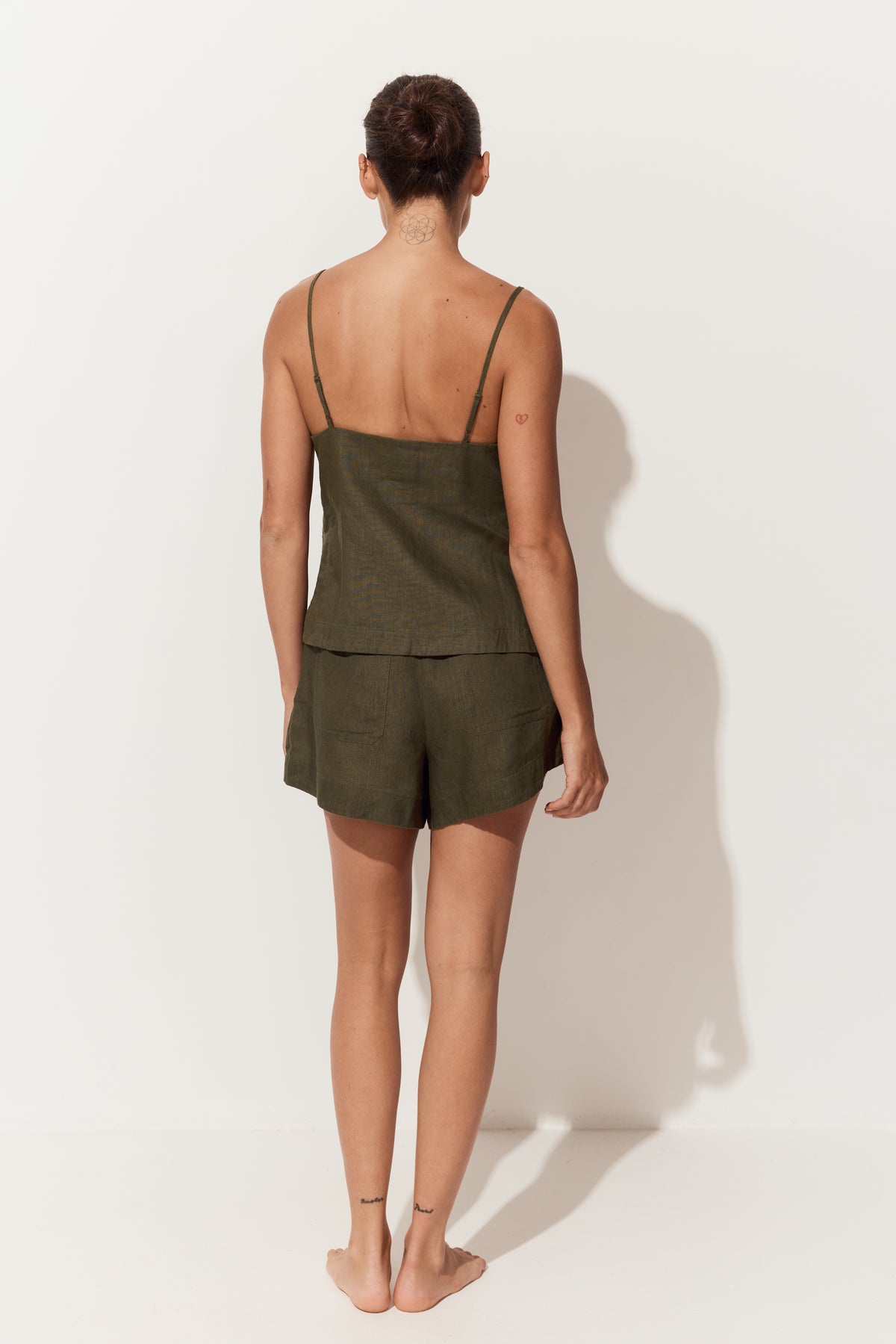 Rosa Linen Cami in Khaki - back view with matching khaki linen shorts - Lilly Pilly Collection