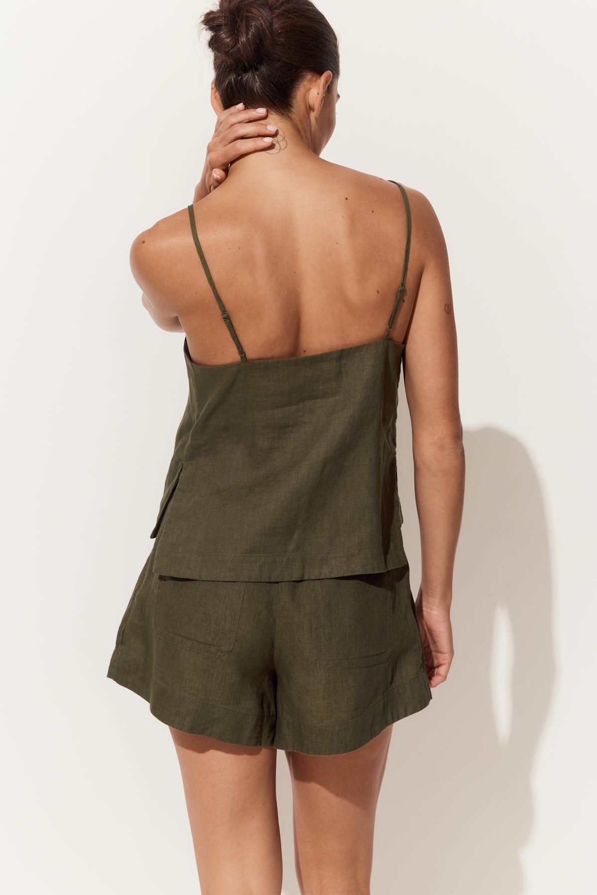Rosa Linen Cami in Khaki - close up back view with matching khaki linen shorts - Lilly Pilly Collection