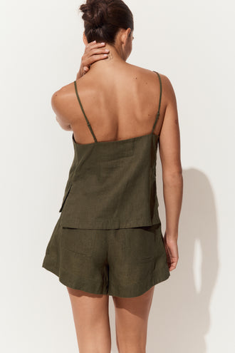 Rosa Linen Cami in Khaki - close up back view with matching khaki linen shorts - Lilly Pilly Collection