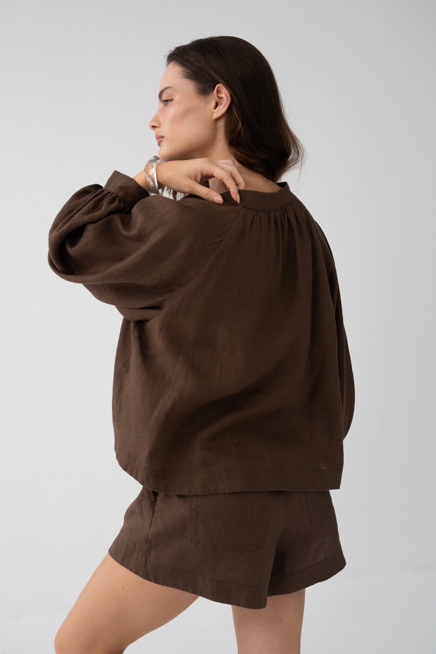 Rowan Linen Shirt in Chocolate - back view, puff sleeves and gathered back yoke, styled with matching linen shorts - Lilly Pilly Collection