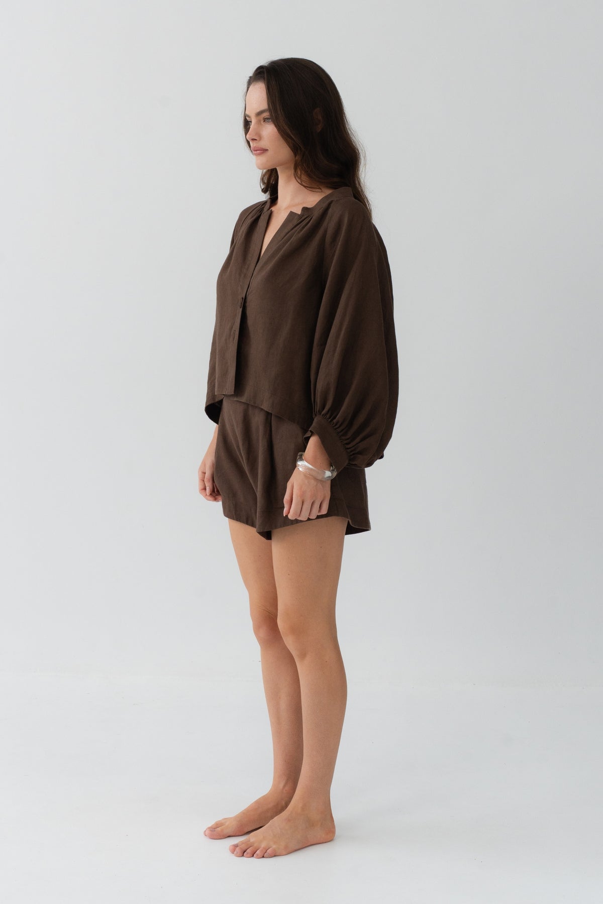 Rowan Linen Shirt in Chocolate - full length back view, puff sleeves with elasticated cuffs, styled with matching linen shorts - Lilly Pilly Collection