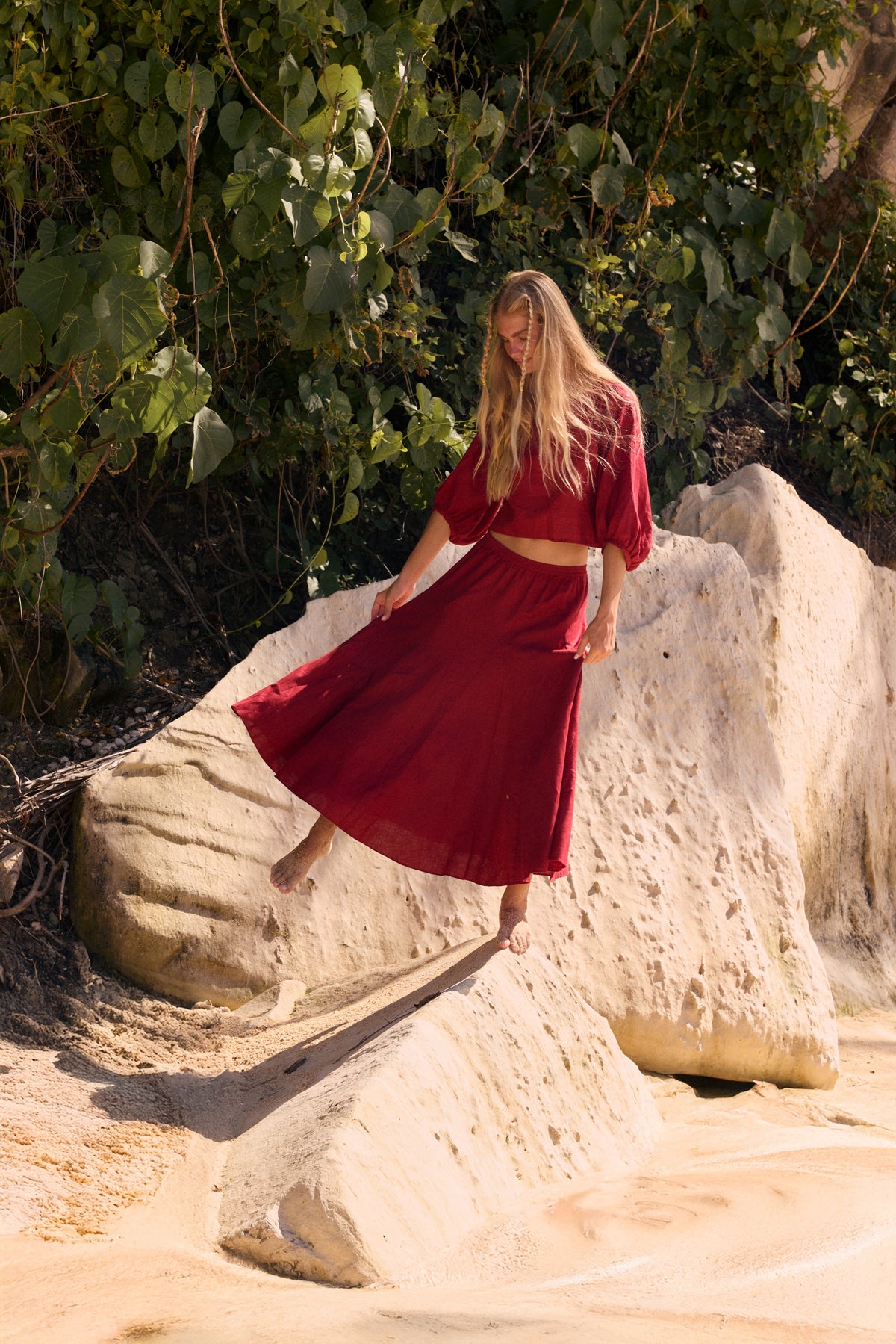 Stella Linen Maxi Skirt - Cherry Red