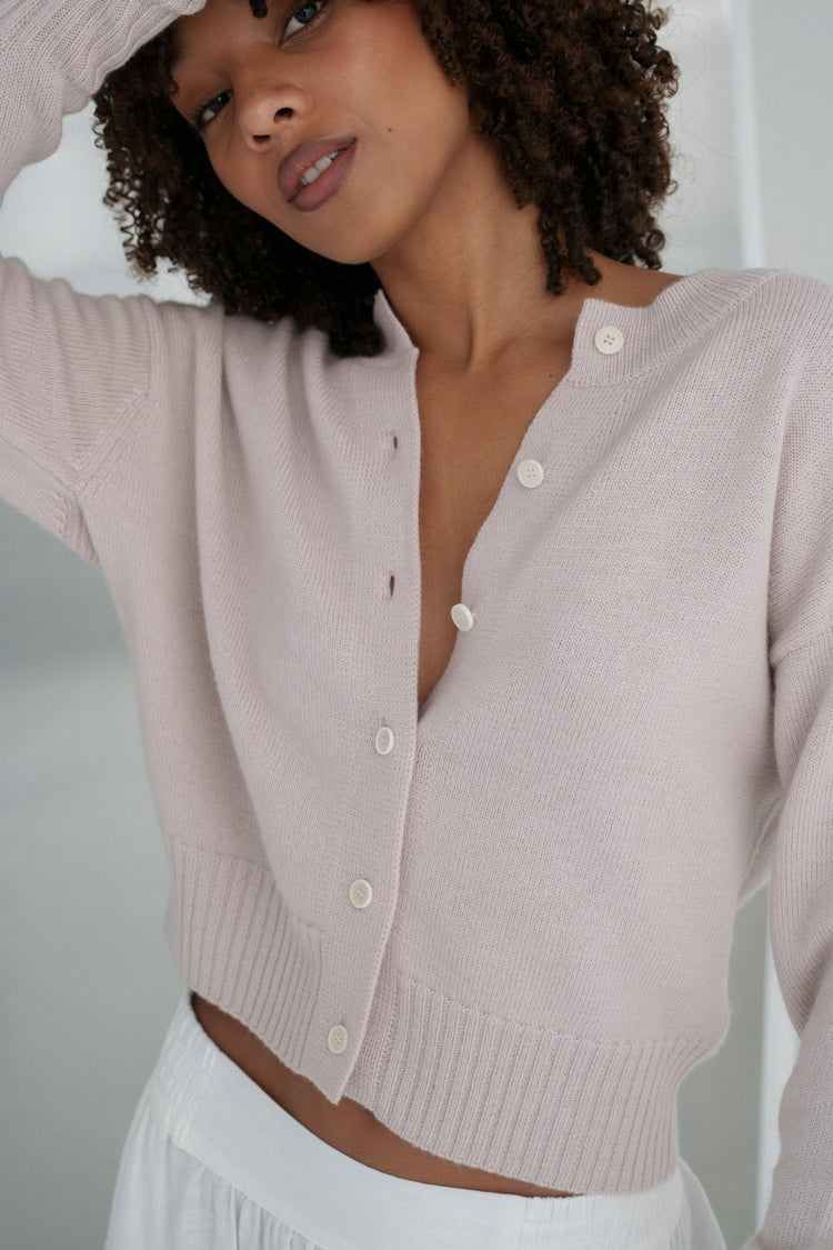 Taylor Merino Knit Cardigan in Lilac - front view close up - Lilly Pilly Collection