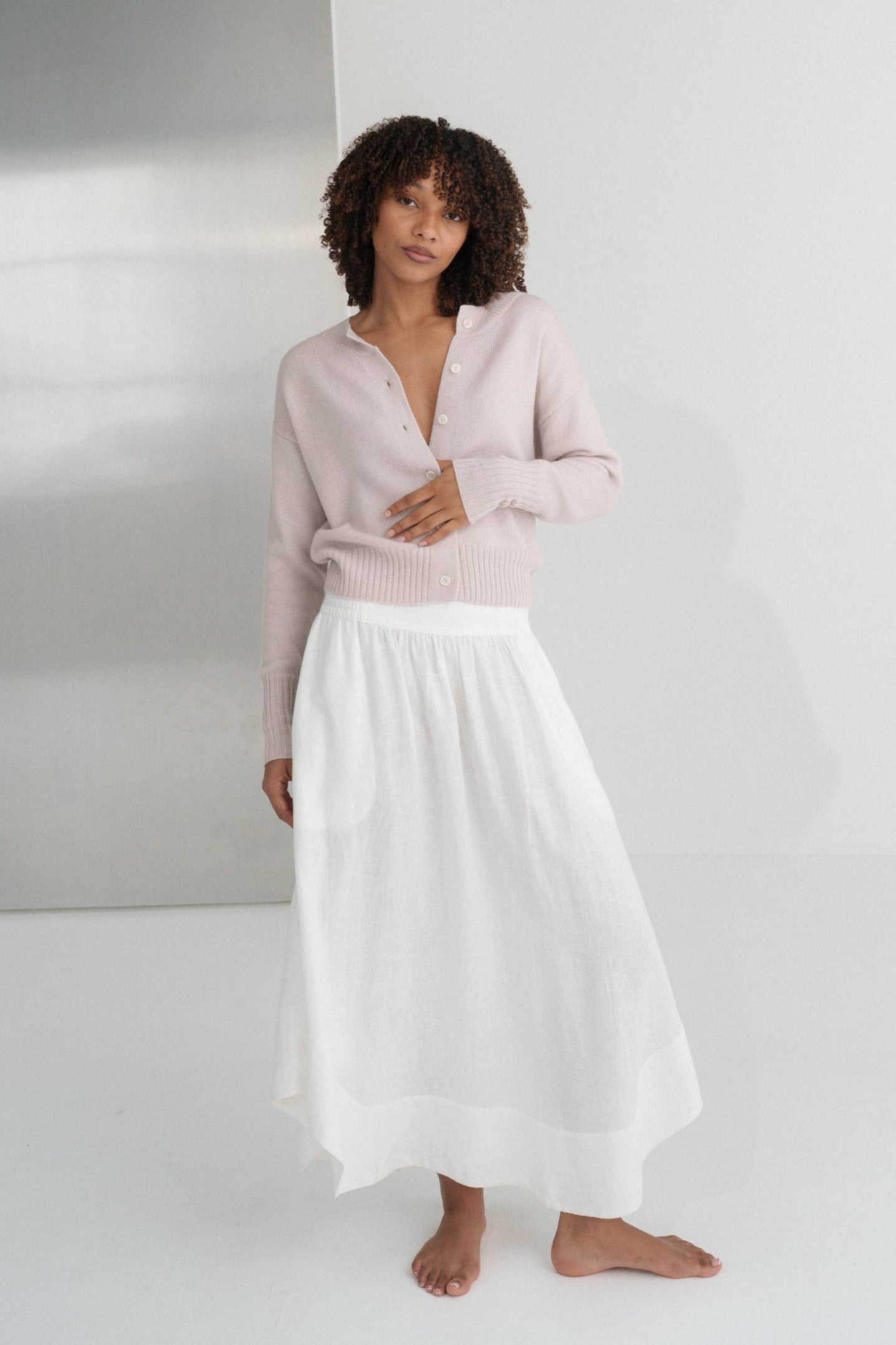 LILLY PILLY Taylor merino wool knit cardi in Lilac and ivory Hannah skirt