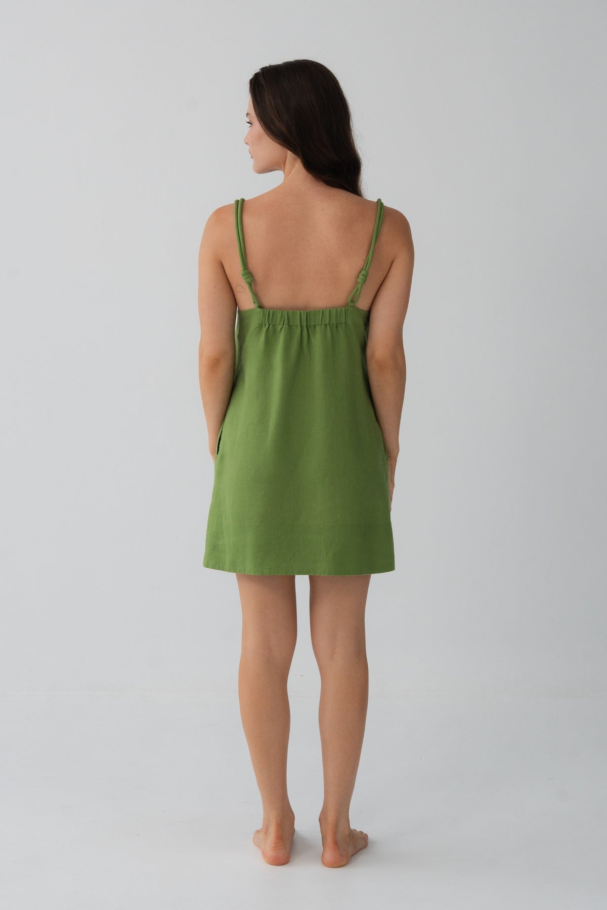 Tevi Linen Short Slip Dress in Lime Green - back view, gathered yoke and braided straps - Lilly Pilly Collection