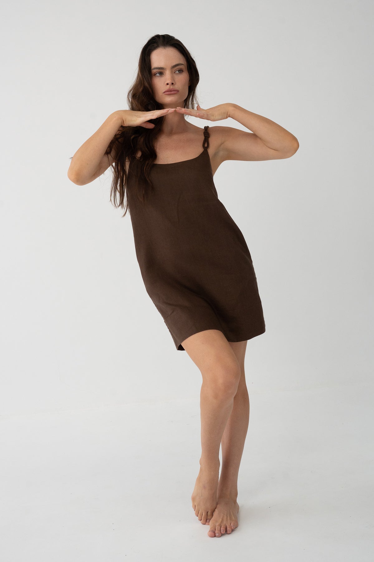 Tevi Linen Short Slip Dress in Chocolate - full front view, scoop neckline and braided straps - Lilly Pilly Collection