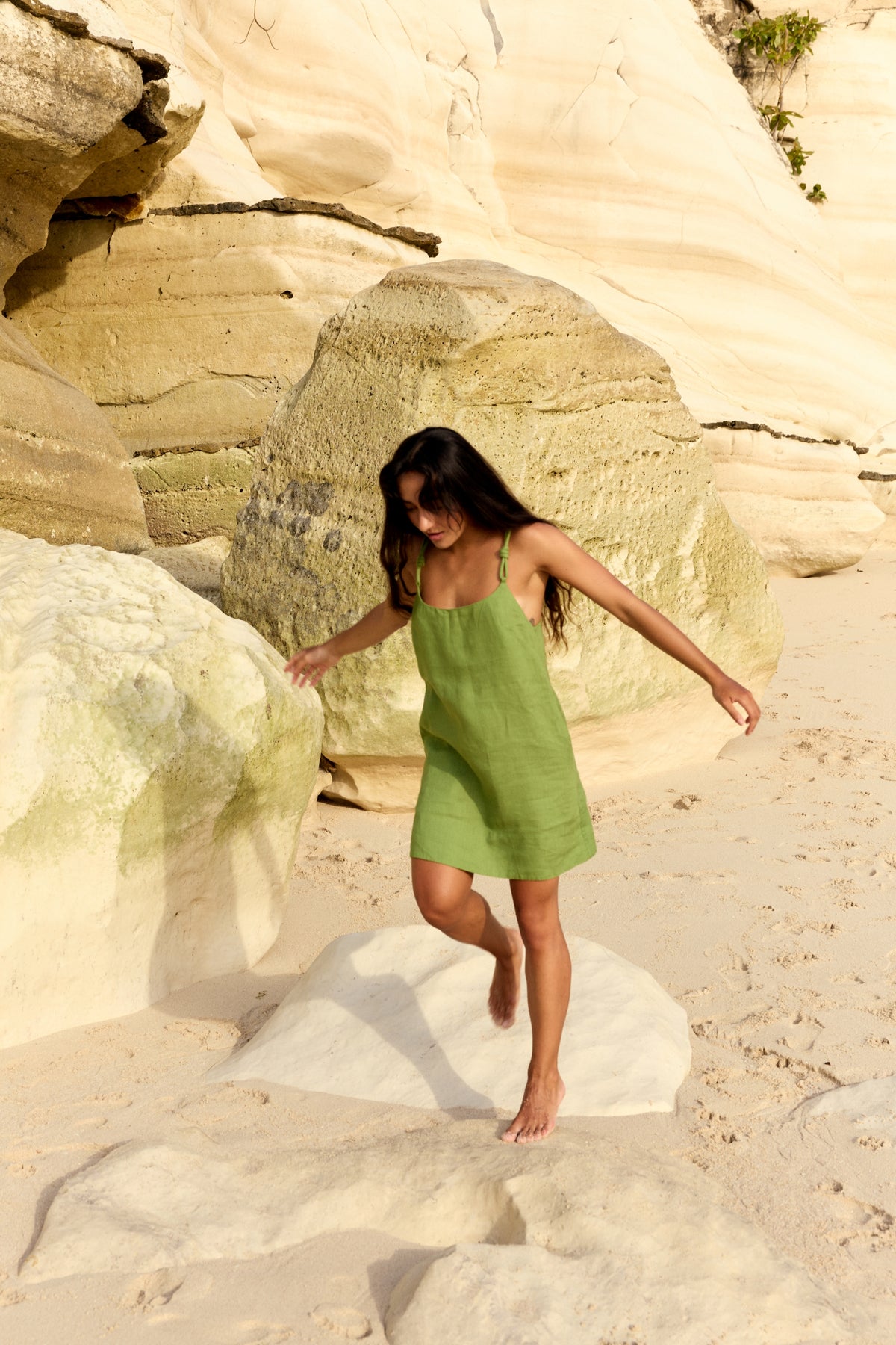 Tevi Linen Short Slip Dress in Lime Green - editorial outdoor shot, full front view in lime green linen - Lilly Pilly Collection