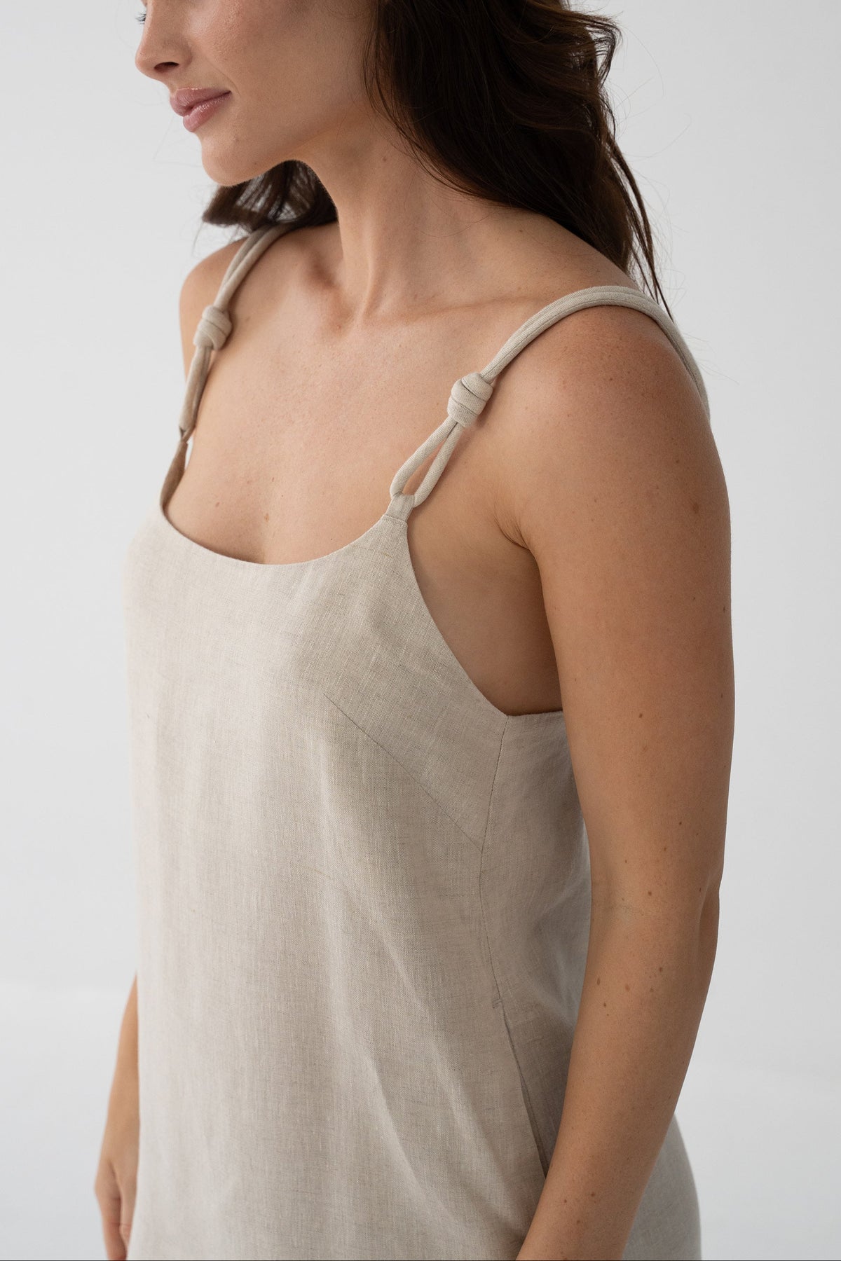 Tevi Linen Short Slip Dress in Oatmeal - close-up of braided strap detail on shoulder - Lilly Pilly Collection
