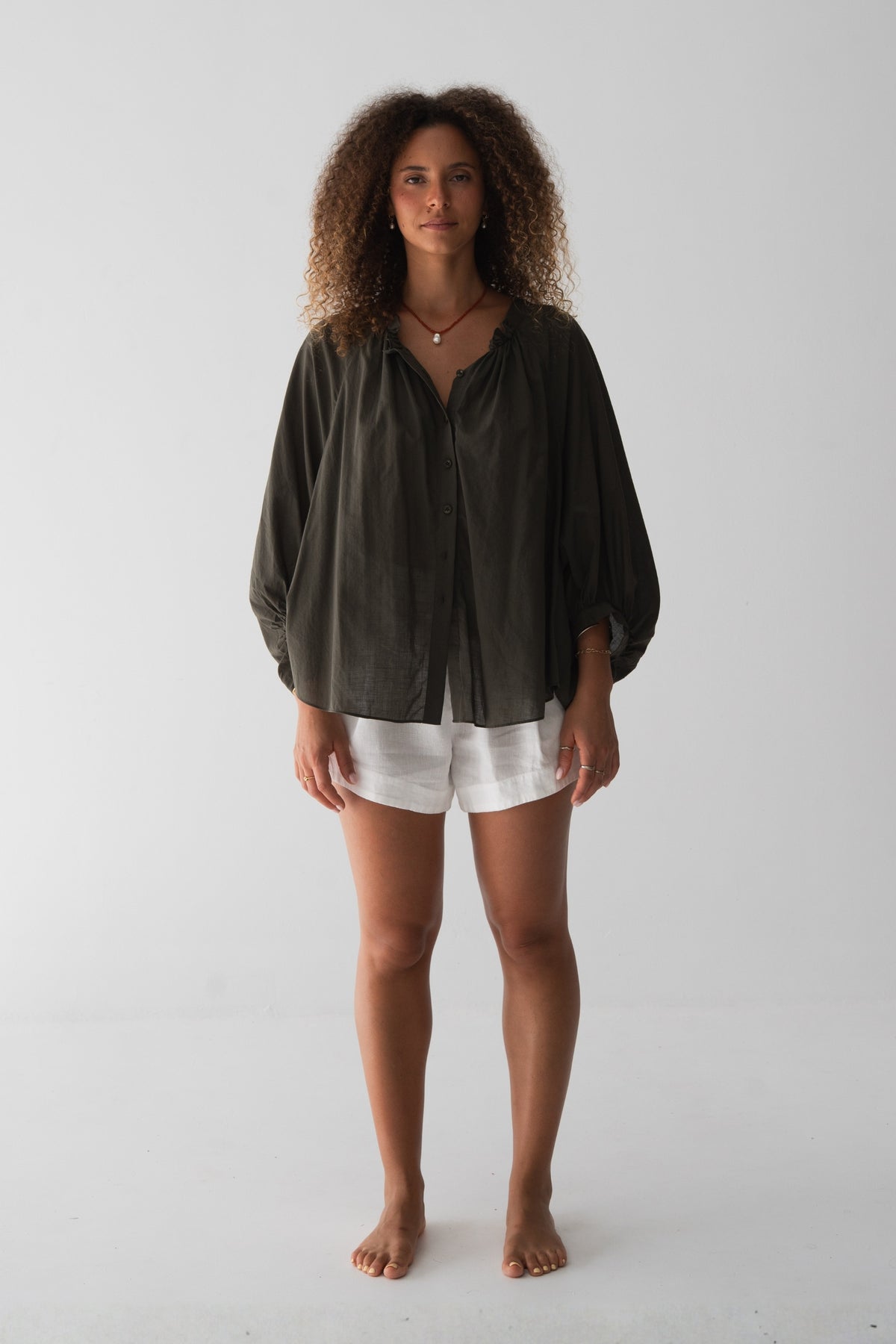 Thalia Cotton Voile Shirt in Khaki - front view, gathered neckline and button-front, balloon sleeves - Lilly Pilly Collection