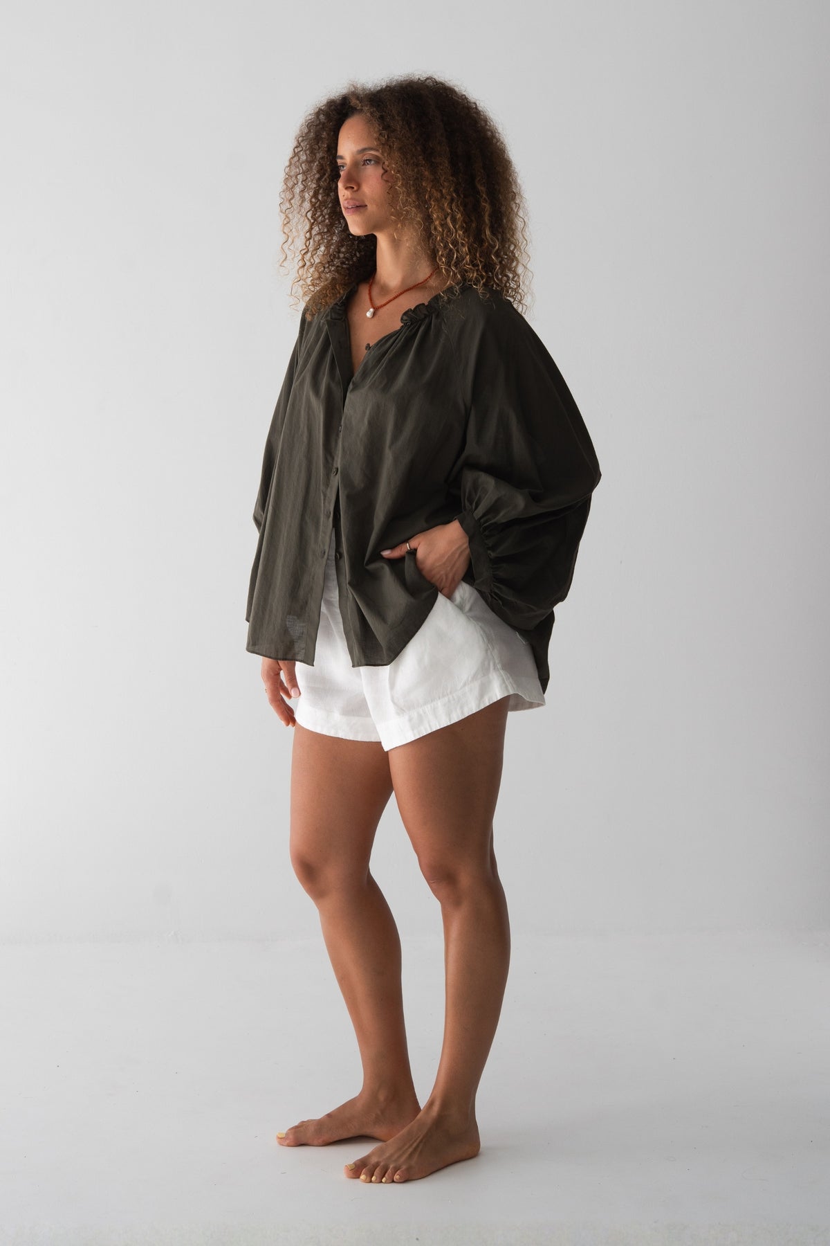 Thalia Cotton Voile Shirt in Khaki - side view, balloon sleeves - Lilly Pilly Collection