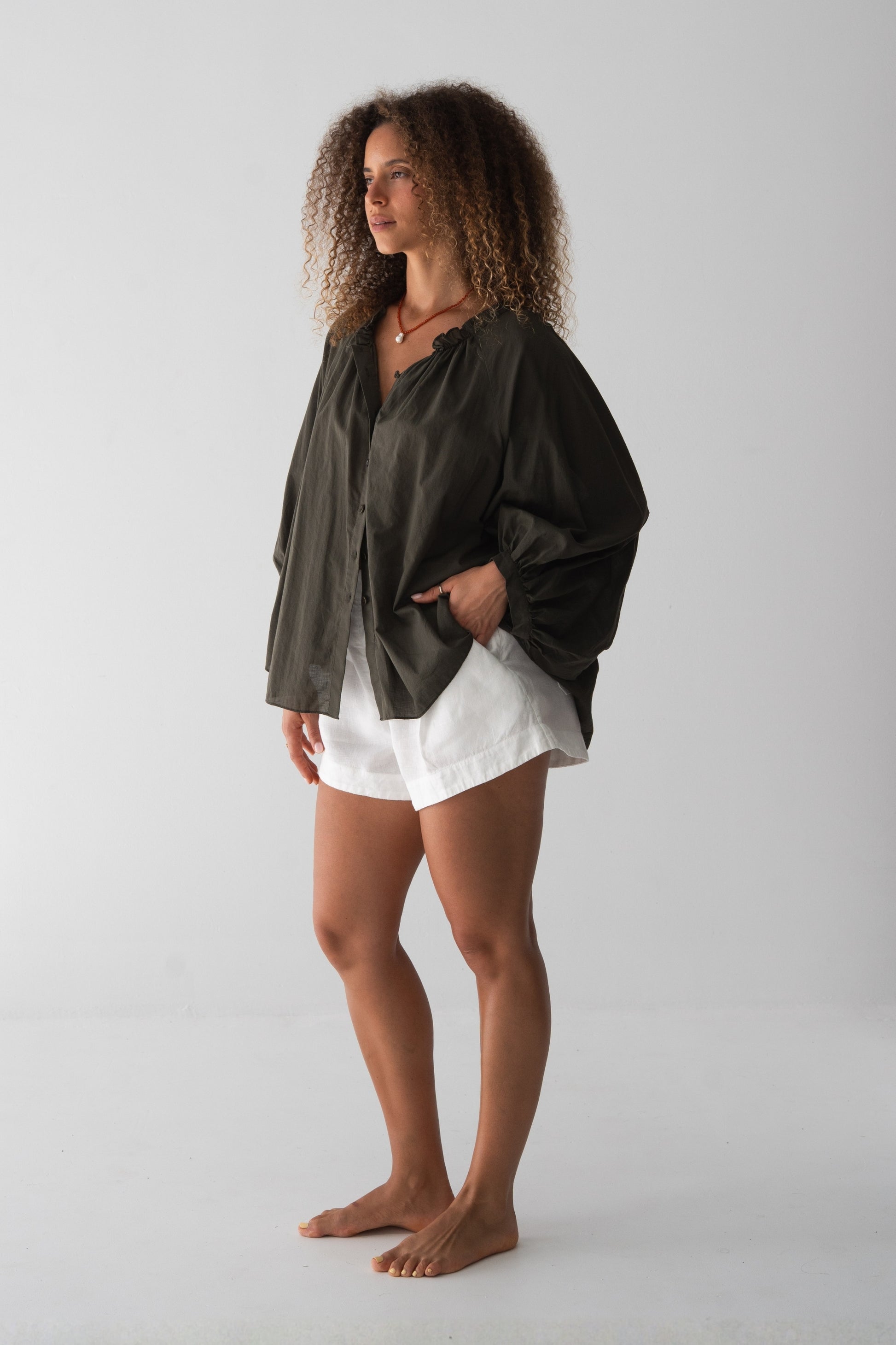 Thalia Cotton Voile Shirt in Khaki - side view, balloon sleeves - Lilly Pilly Collection
