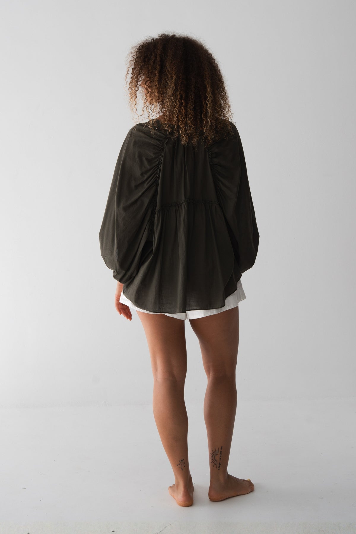 Thalia Cotton Voile Shirt in Khaki - back view, gathered back yoke and balloon sleeves - Lilly Pilly Collection