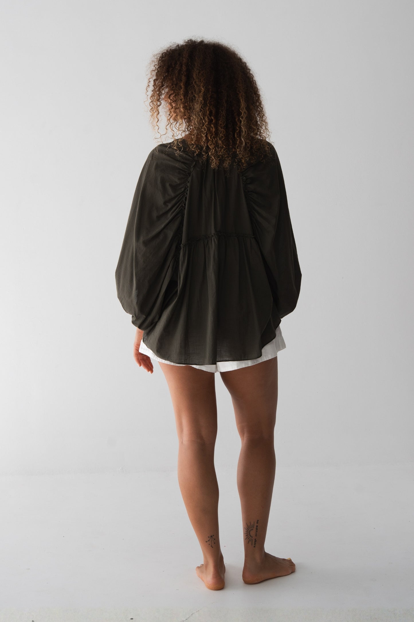 Thalia Cotton Voile Shirt in Khaki - back view, gathered back yoke and balloon sleeves - Lilly Pilly Collection