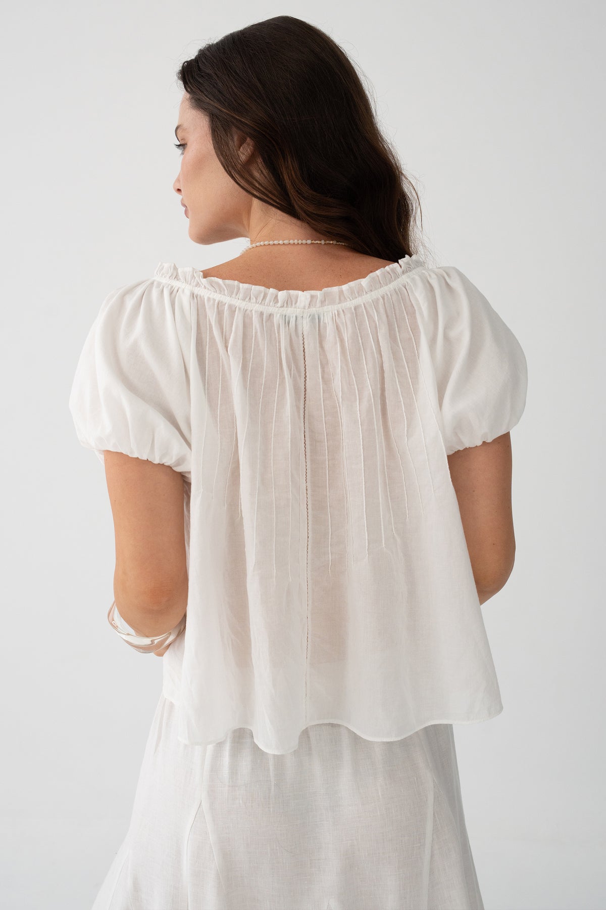 Tilly Cotton Voile Shirt in Ivory - back view, gathered back and puff sleeves - Lilly Pilly Collection