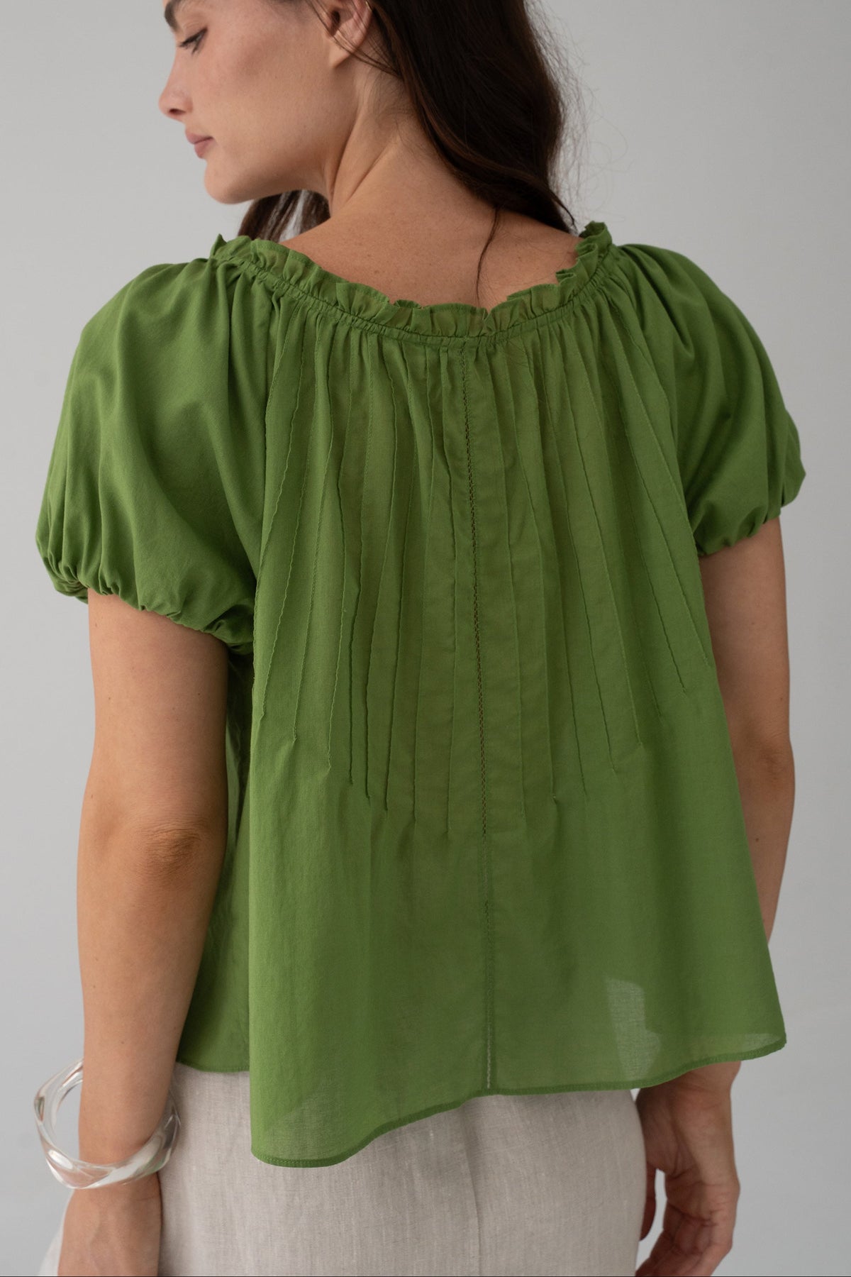 Tilly Cotton Voile Shirt in Lime Green - back view, gathered ruffle neckline and pintuck detail, puff sleeves - Lilly Pilly Collection