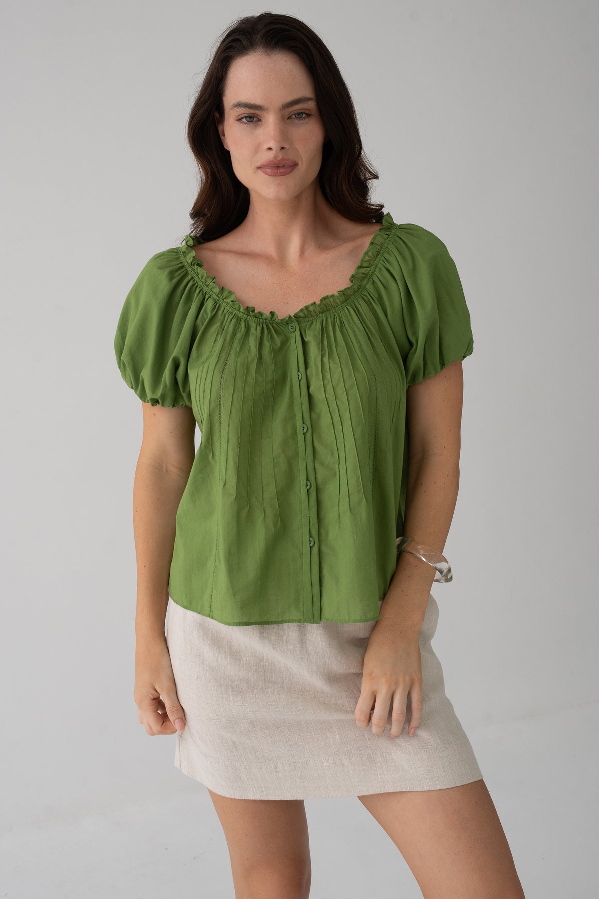 Tilly Cotton Voile Shirt in Lime Green - front view, gathered ruffle neckline and button-front, pintuck detail, puff sleeves - Lilly Pilly Collection
