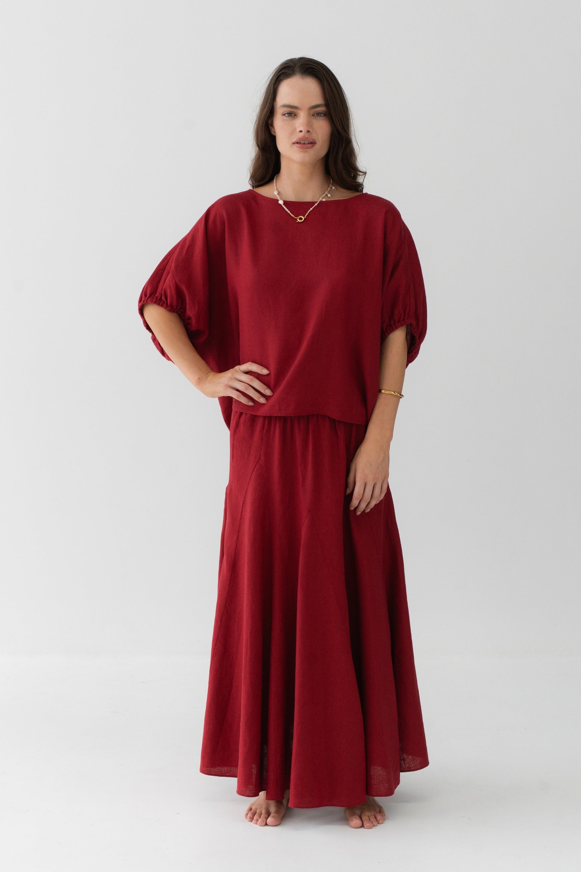 Tina Linen Top in Cherry Red - full front view, oversized batwing silhouette and round neckline, styled with matching Riley Linen maxi skirt - Lilly Pilly Collection