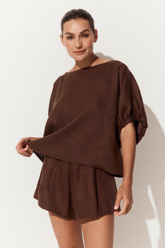 Tina Linen Top in Chocolate - close up front view with matching Gaia linen shorts - Lilly Pilly Collection