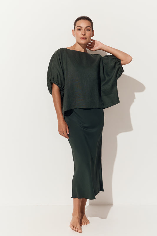 Tina Linen Top in Forest Green - full front view with matching Freya silk slip - Lilly Pilly Collection
