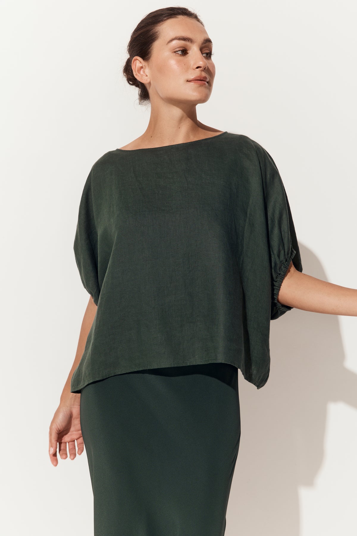 Tina Linen Top in Forest Green - close up front view with matching Freya silk slip - Lilly Pilly Collection