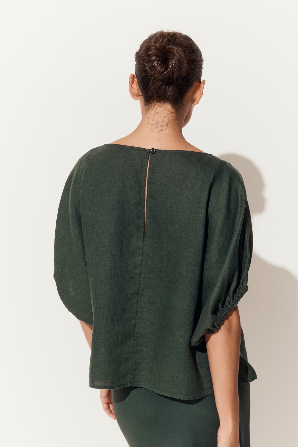 Tina Linen Top in Forest Green - back view with matching Freya silk slip - Lilly Pilly Collection