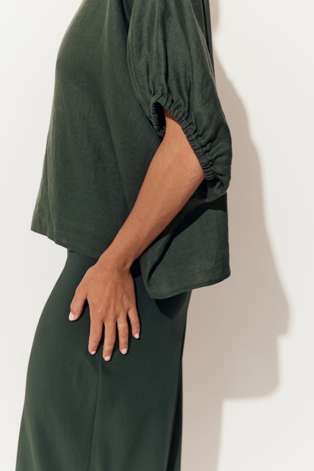 Tina Linen Top in Forest Green - close up of sleeve detail with matching Freya silk slip - Lilly Pilly Collection