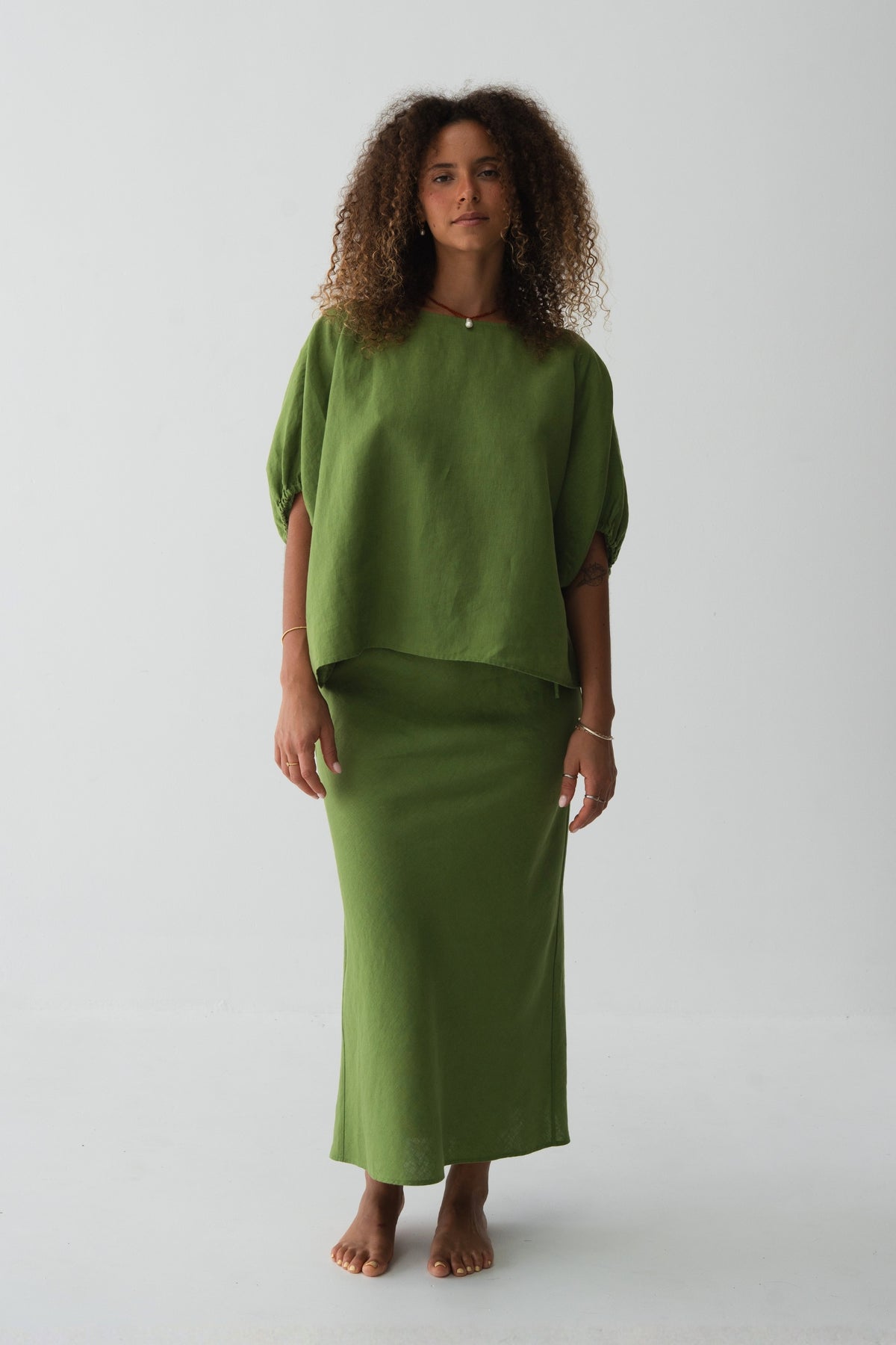 Tina Linen Top in Lime Green - front view, puff sleeves and round neckline, matching midi skirt - Lilly Pilly Collection