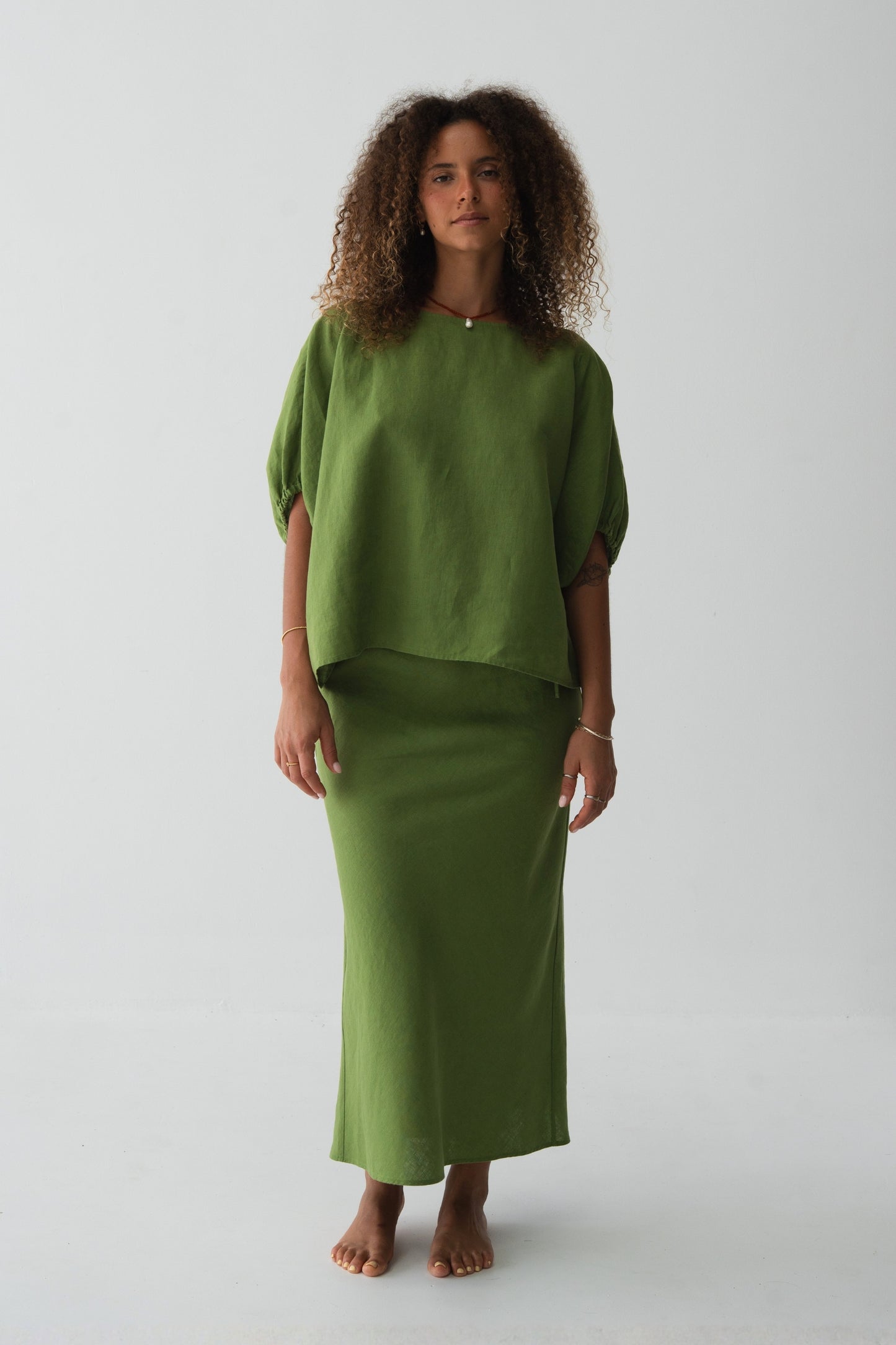 Tina Linen Top in Lime Green - front view, puff sleeves and round neckline, matching midi skirt - Lilly Pilly Collection