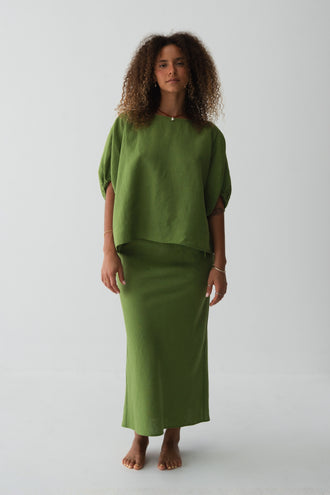 Tina Linen Top in Lime Green - front view, puff sleeves and round neckline, matching midi skirt - Lilly Pilly Collection