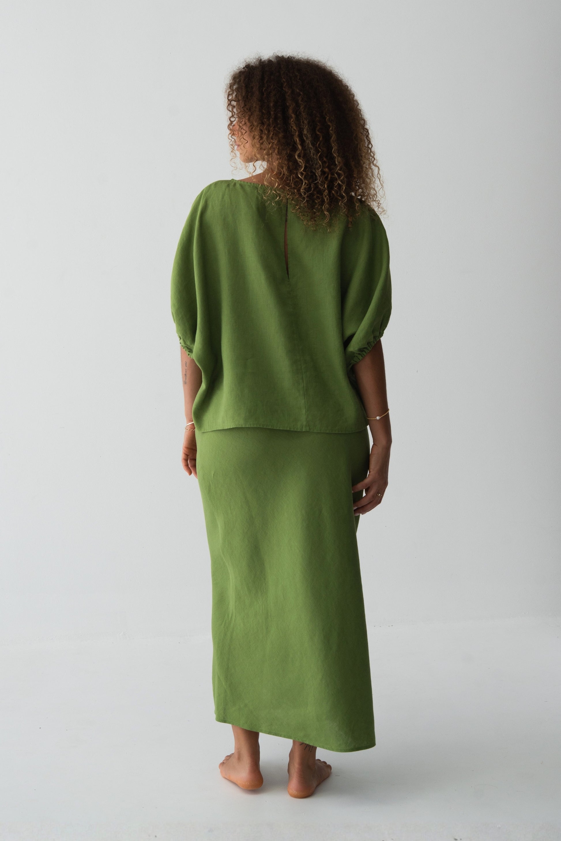 Tina Linen Top in Lime Green - side profile, puff sleeve drape, matching Riley Linen midi skirt - Lilly Pilly Collection