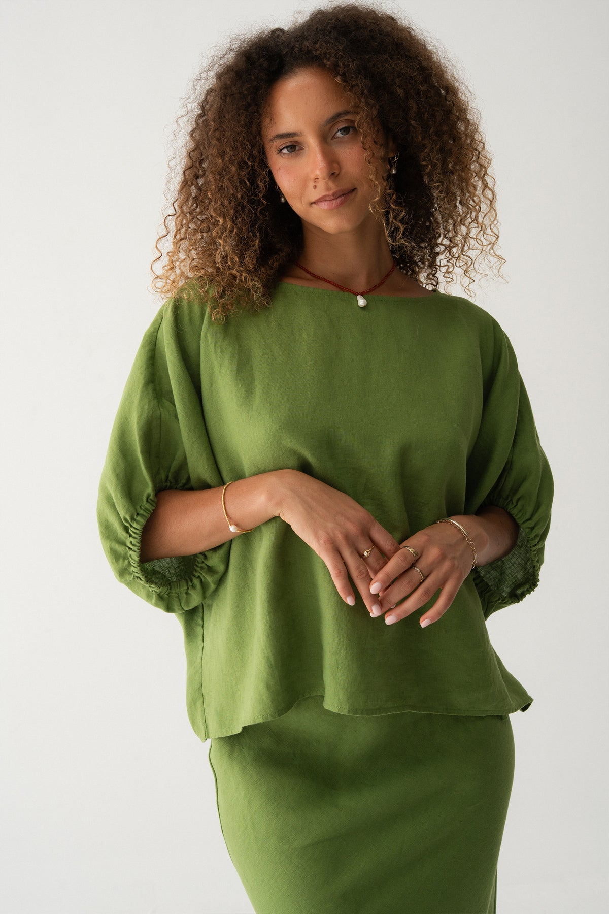 Tina Linen Top in Lime Green - front view, round neckline and puff sleeves, styled with matching Riley Linen midi skirt - Lilly Pilly Collection