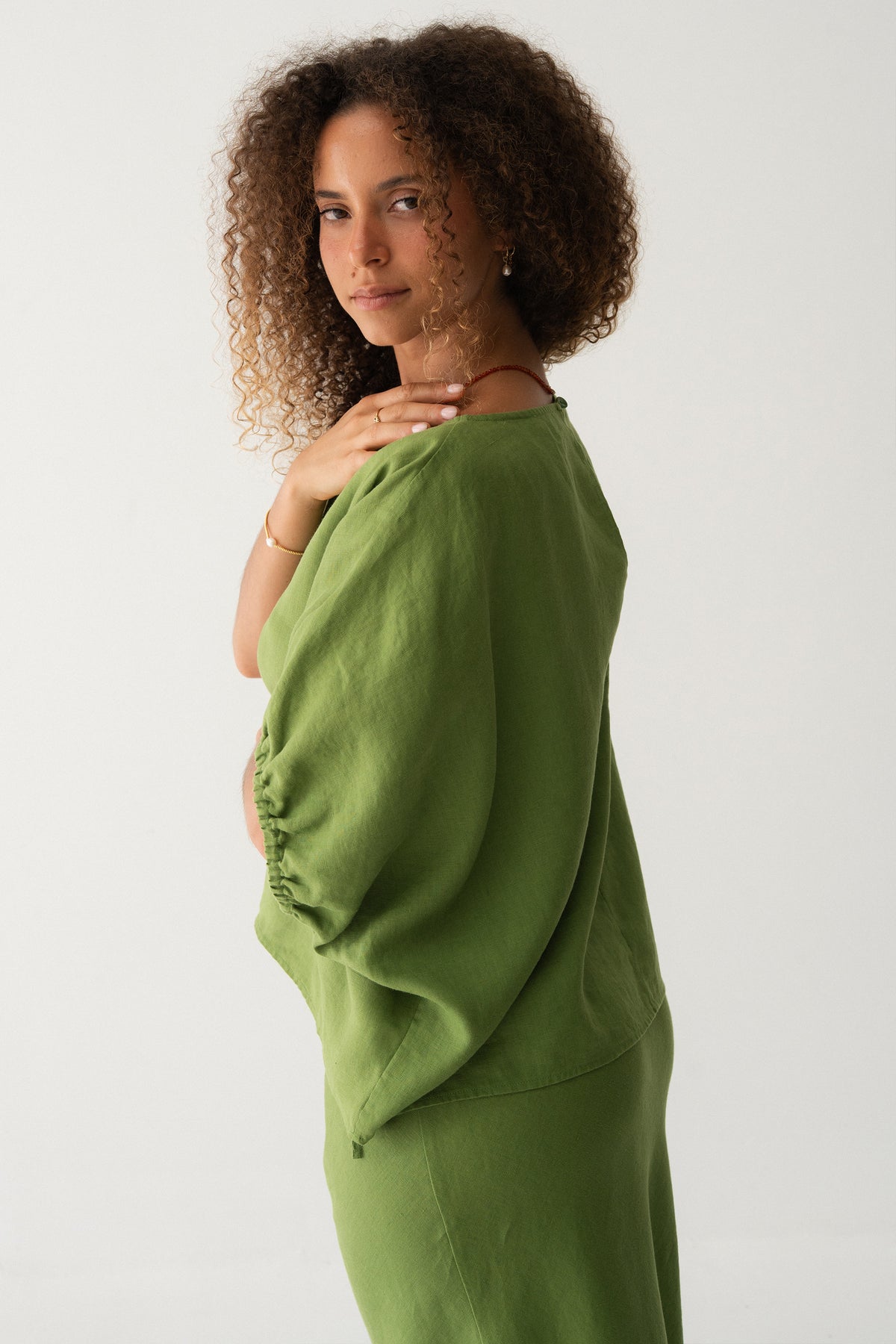 Tina Linen Top in Lime Green - close-up of round neckline and linen drape - Lilly Pilly Collection