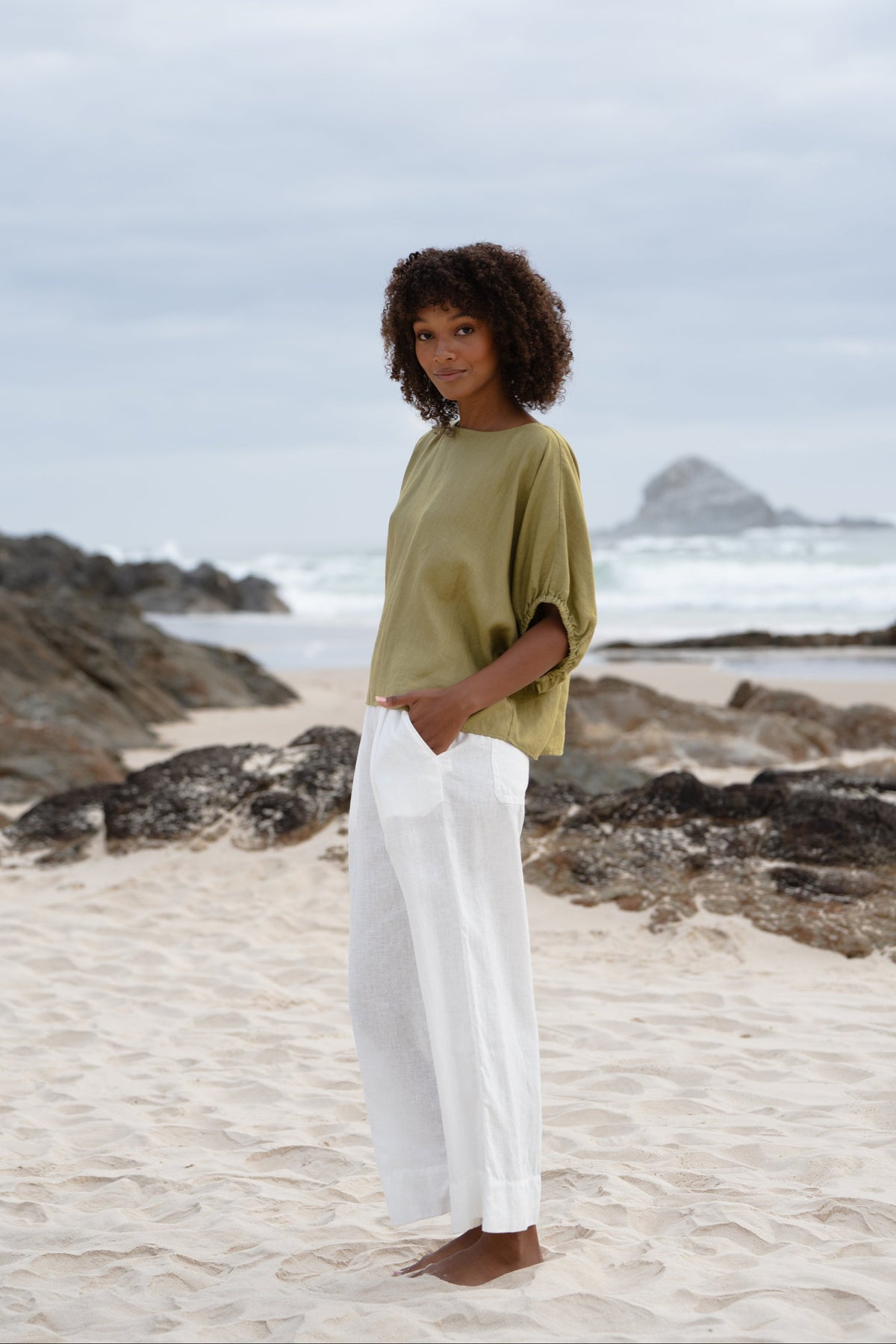 LILLY PILLY Tina linen top in Olive