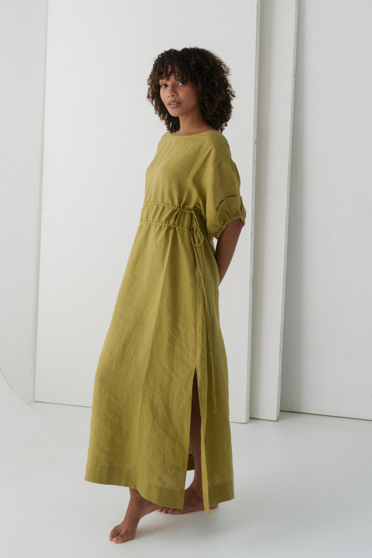 Valerie Linen Maxi Dress in Olive - front view - Lilly Pilly Collection