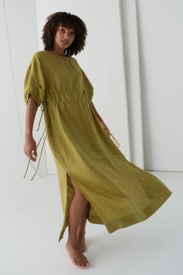 Valerie Linen Maxi Dress in Olive - front view - Lilly Pilly Collection