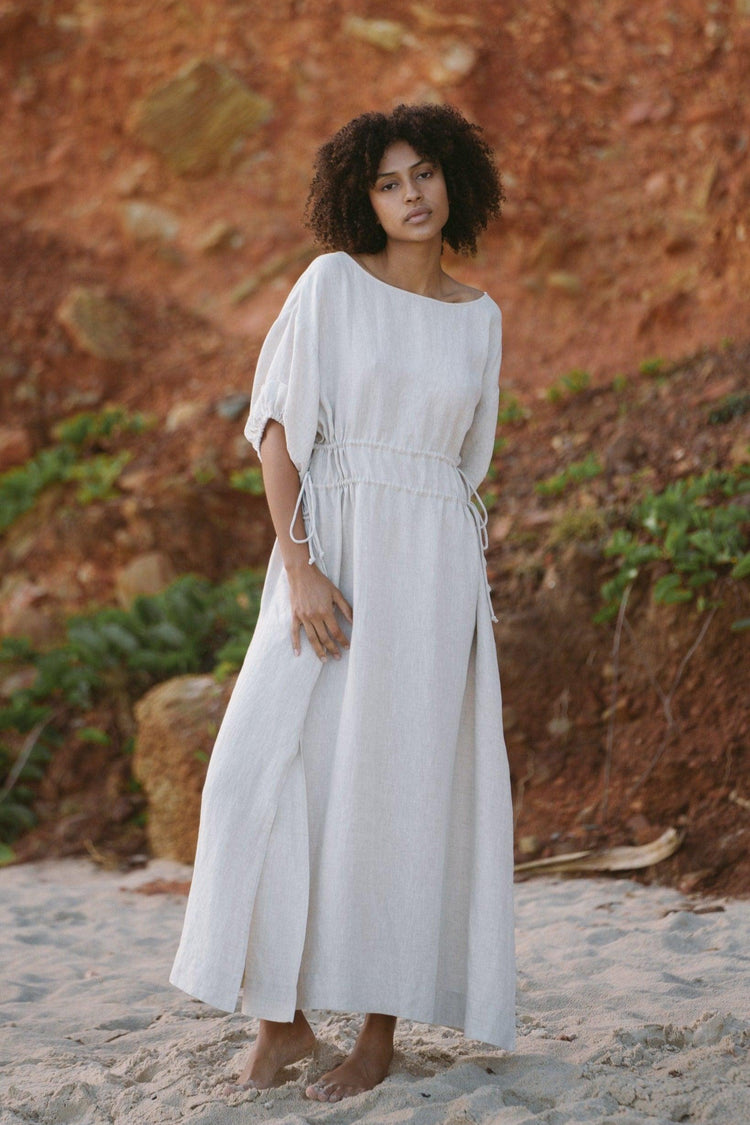 Valerie Linen Maxi Dress in Oatmeal - front view, made from 100% organic linen - Lilly Pilly Collection