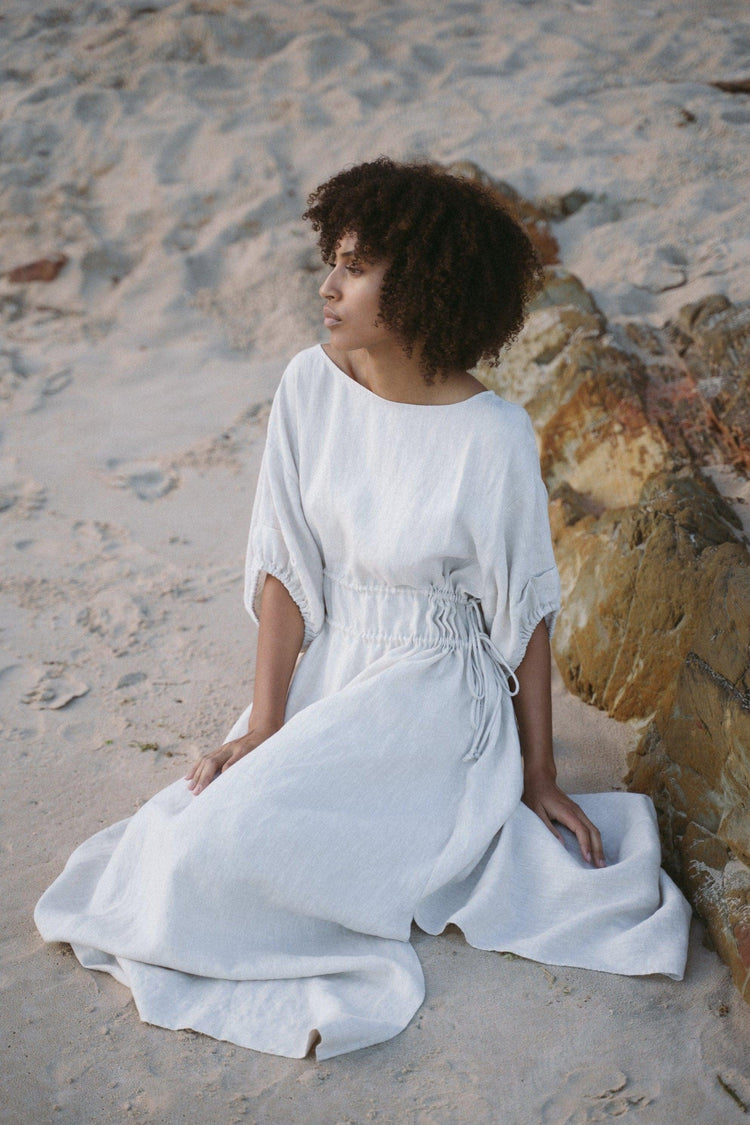 Valerie Linen Maxi Dress in Oatmeal - front view, made from 100% organic linen - Lilly Pilly Collection