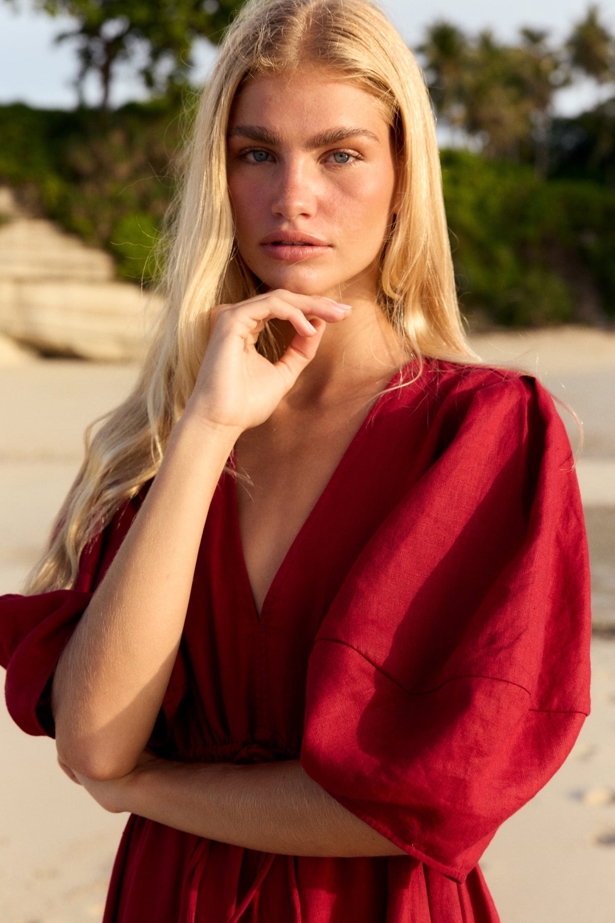 Close-up front view of a woman wearing the Vida Linen maxi dress in Cherry Red - Lilly Pilly Collection