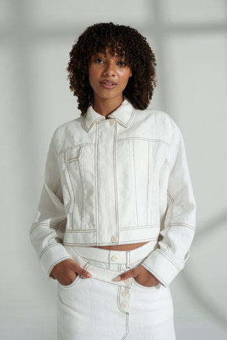 Wes Linen Jacket in Ivory - front view, styled with a matching skirt, light background - Lilly Pilly Collection