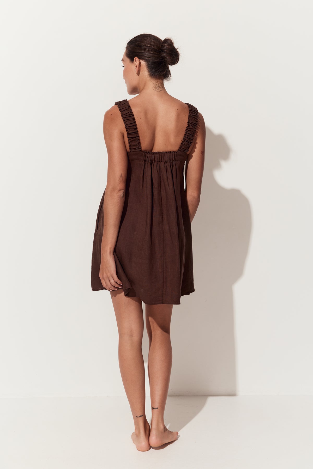 Zahra Linen Mini Dress in Chocolate - back view - Lilly Pilly Collection